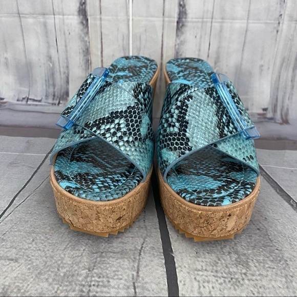 Donald Pliner Illiad Leather Snake Buckle Platform Cork Wedges Blue Black - Picture 8 of 13